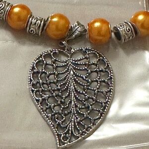 925 Sterling Silver Chain w/Gold Beads & Large Leaf Charm. Handmade. NWOT.